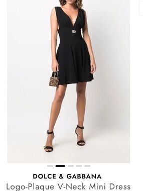 Dolce & Gabbana Black V‑Neck Logo Plaque Mini Dress